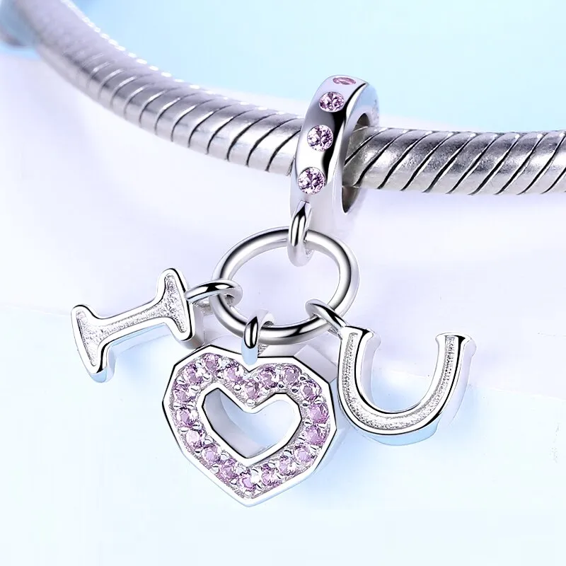 I LOVE U Heart Triple Dangle Charm in 925 Sterling Silver