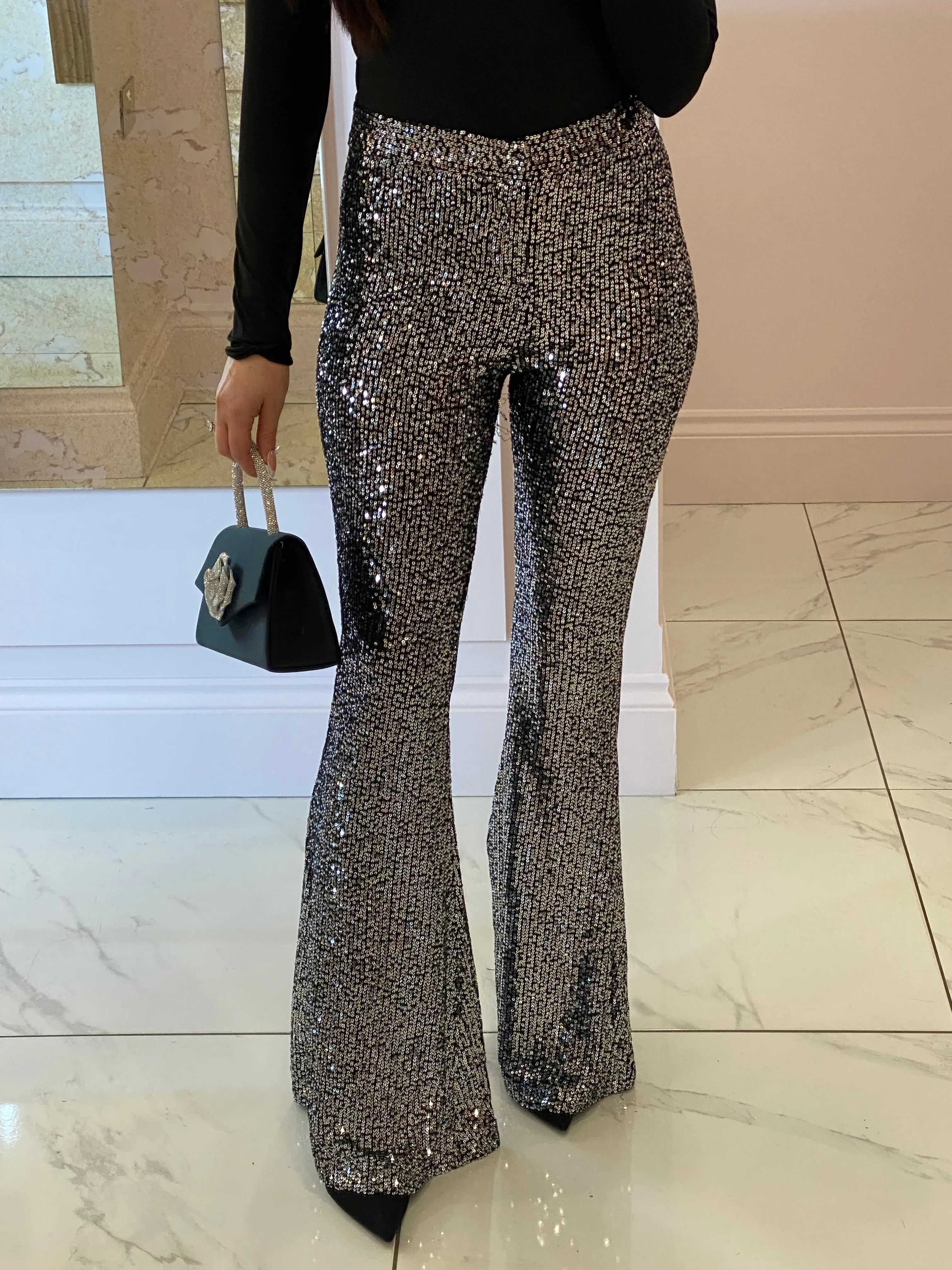 Lucy Black & Silver Sparkle Flare Trousers