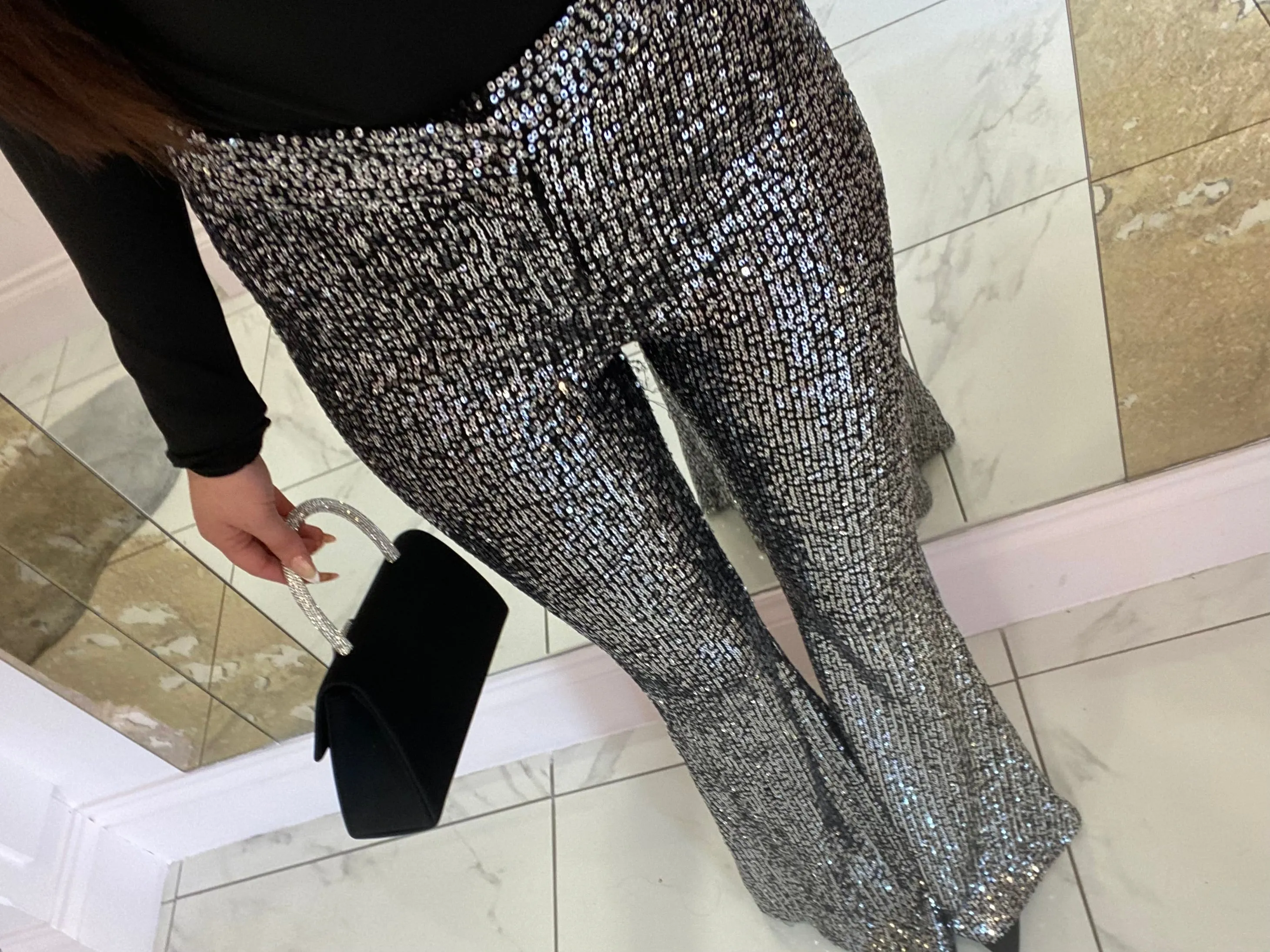 Lucy Black & Silver Sparkle Flare Trousers