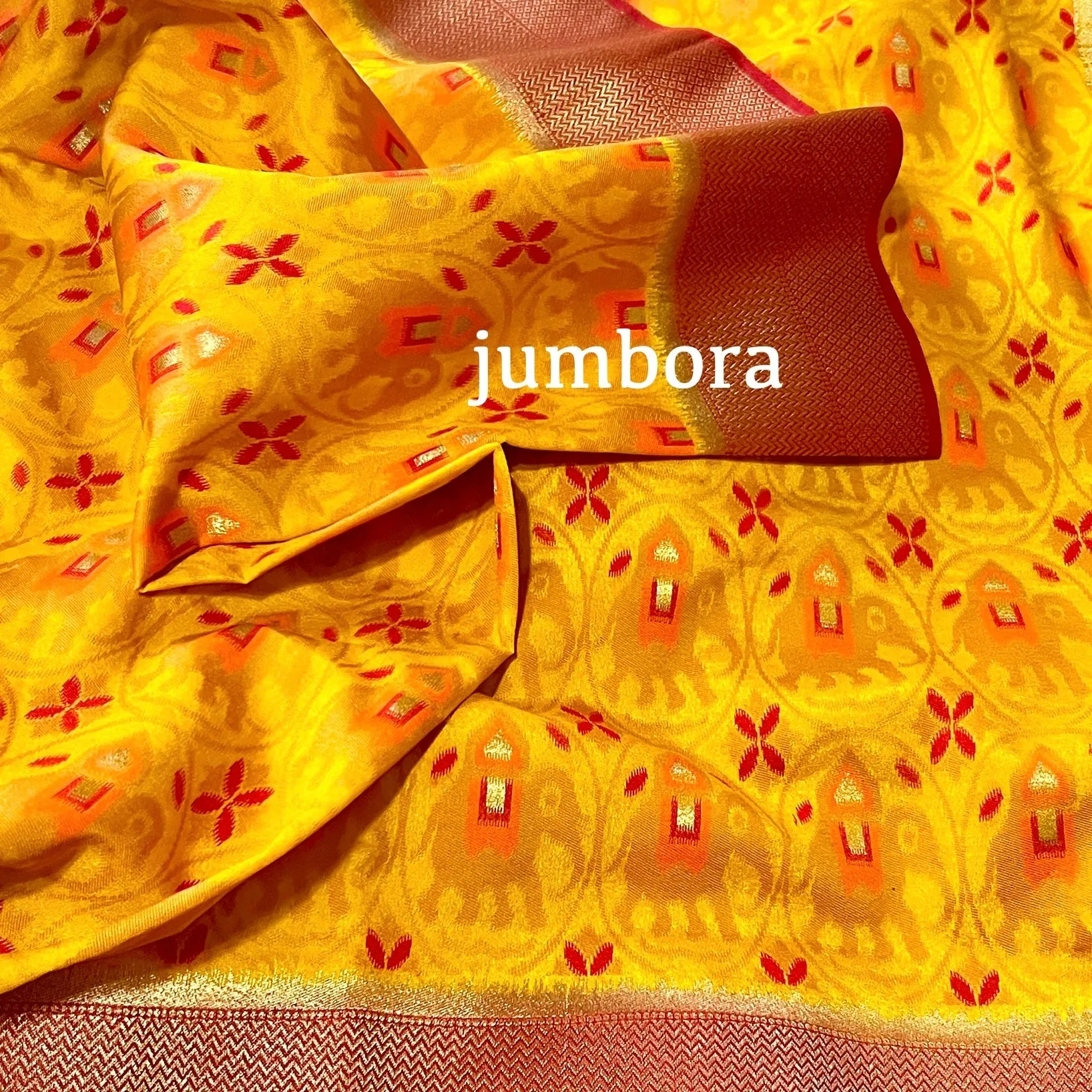 Mustard Yellow and Red Banarasi Patola Silk Saree with Stitched Blouse