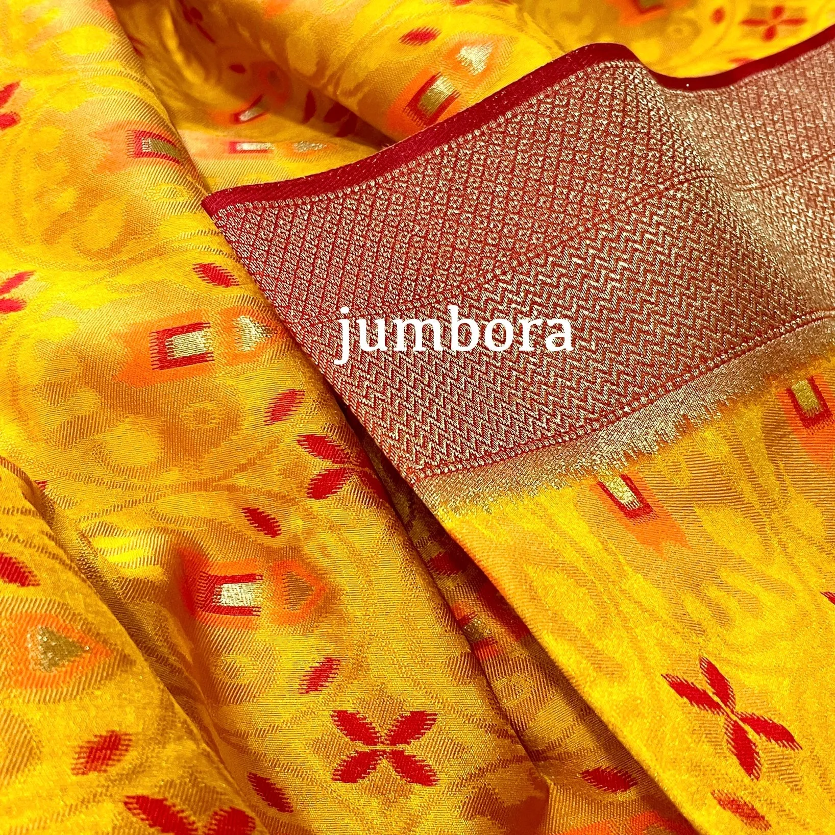 Mustard Yellow and Red Banarasi Patola Silk Saree with Stitched Blouse