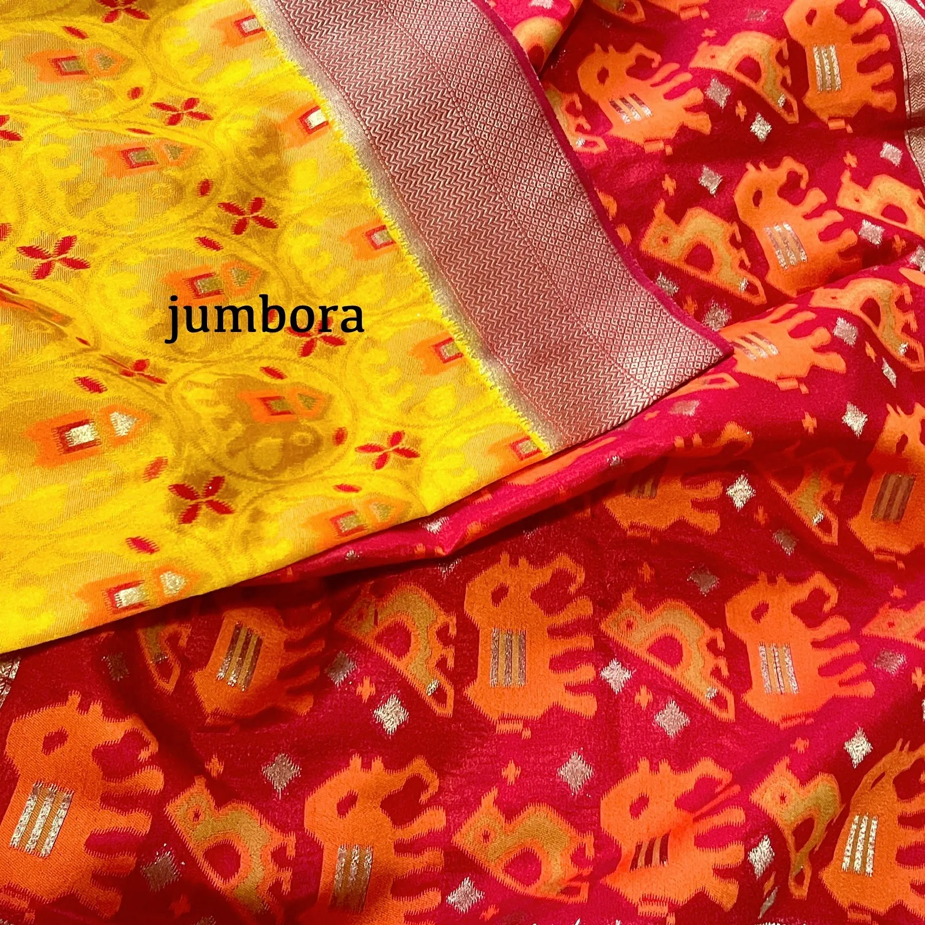 Mustard Yellow and Red Banarasi Patola Silk Saree with Stitched Blouse