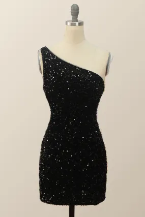 One Shoulder Black Sequin Bodycon Mini Dress