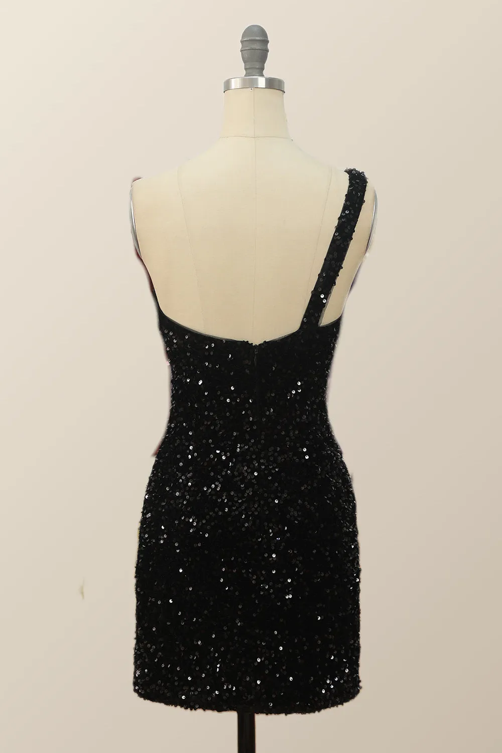 One Shoulder Black Sequin Bodycon Mini Dress