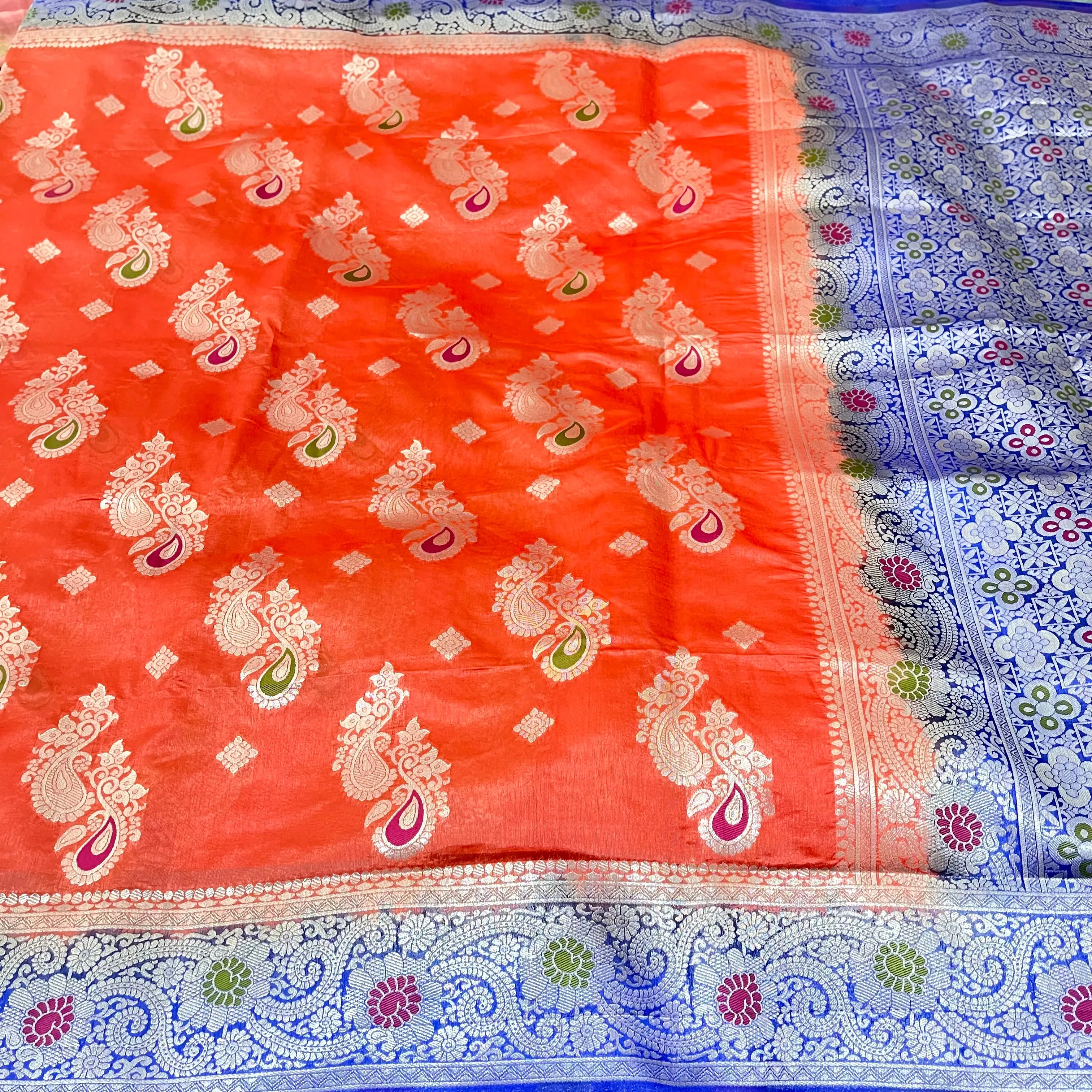 Peach Orange Banarasi Jute Silk Saree with Stitched Blouse