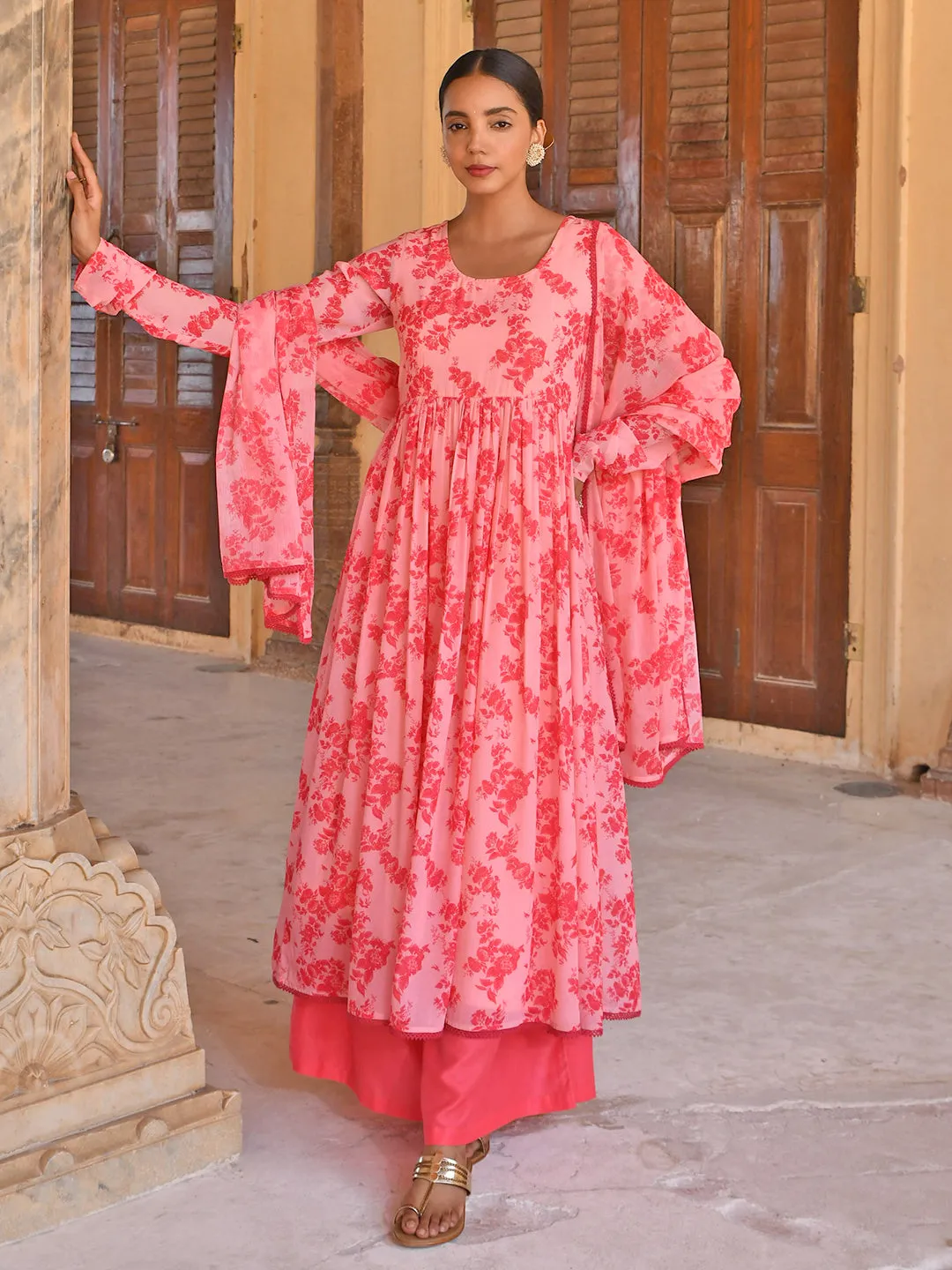 Pink Georgette Floral Print Kurta Palazzo Set