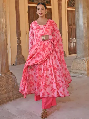 Pink Georgette Floral Print Kurta Palazzo Set