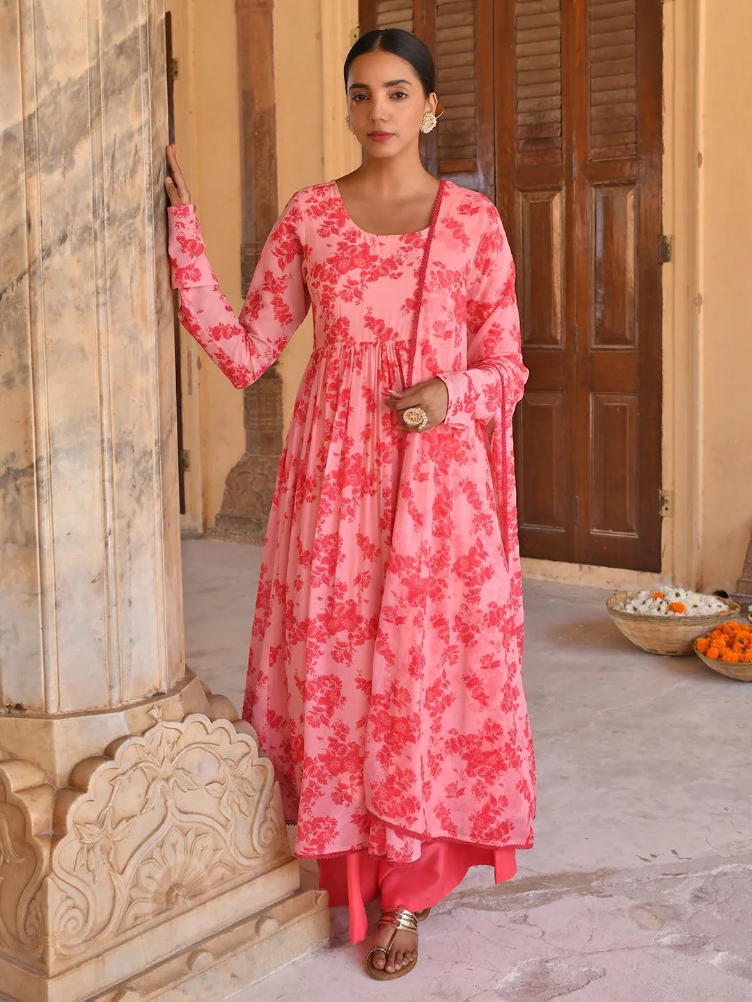 Pink Georgette Floral Print Kurta Palazzo Set