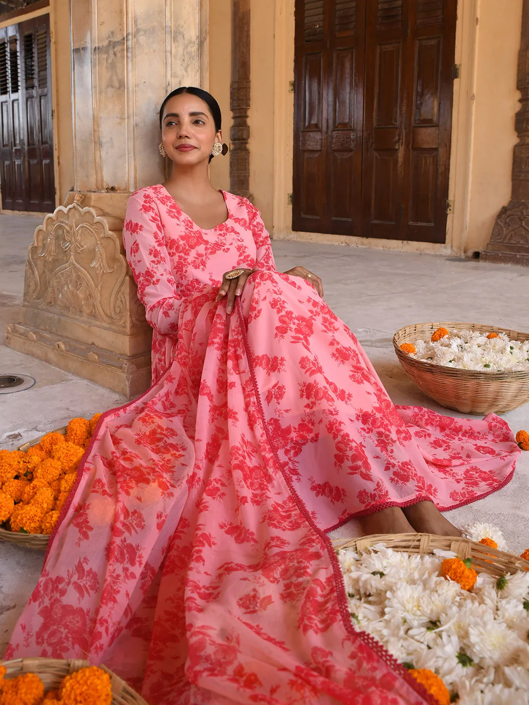 Pink Georgette Floral Print Kurta Palazzo Set