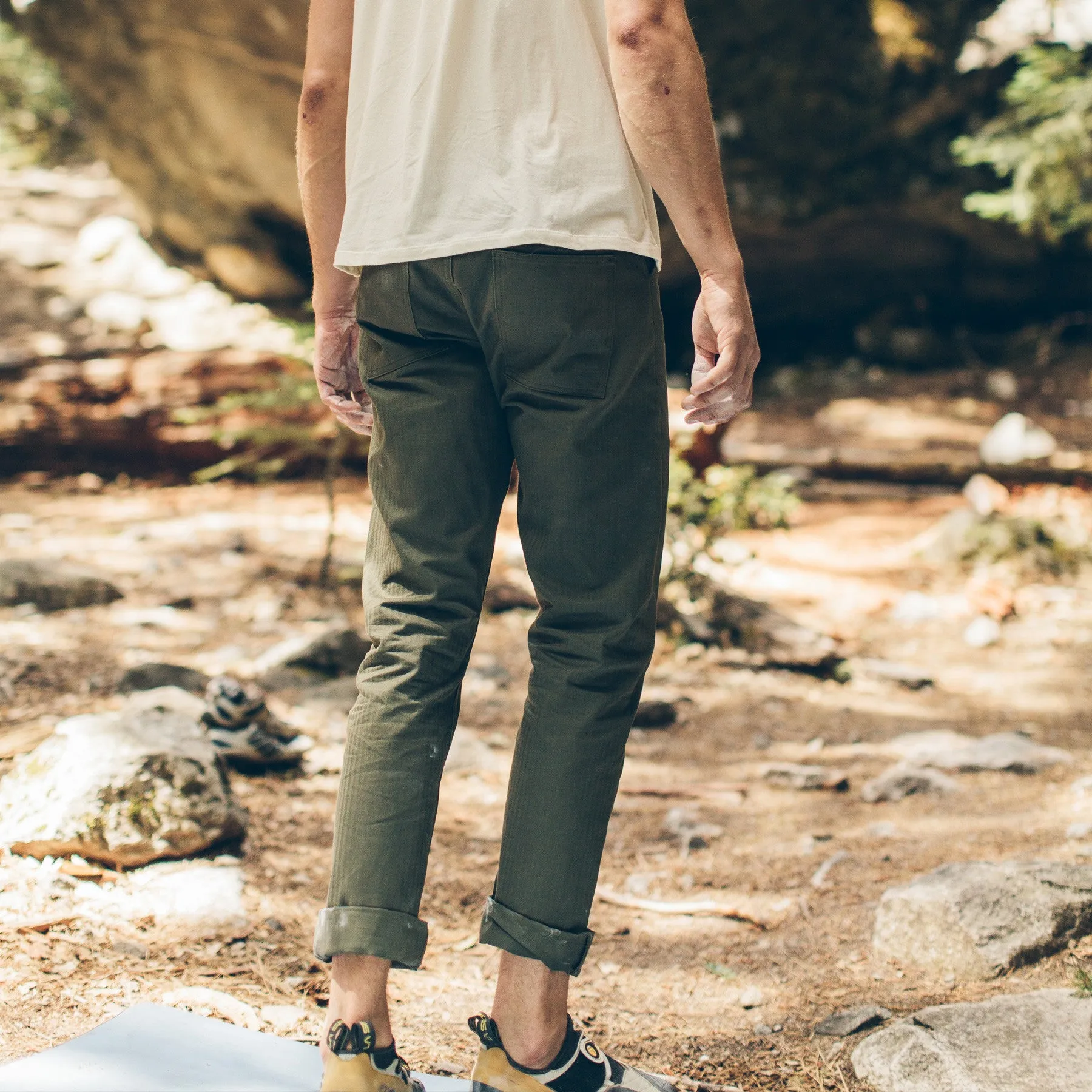 The Camp Pant in Olive Drab Herringbone