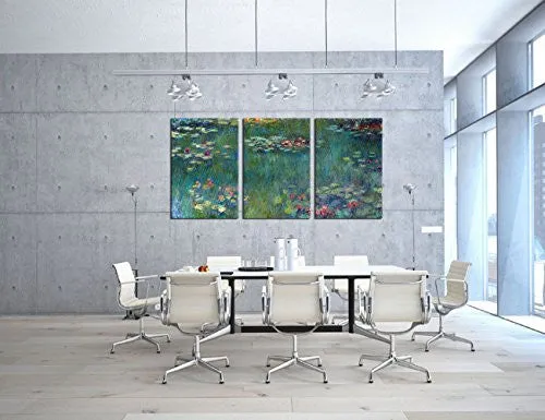 WATER LILIES BY CLAUDE MONET OIL PAINTING CANVAS PRINTS WALL ART DECOR FRAMED READY TO HANG - 3 PANEL LARGE SIZE 30 BY 60 INCH MODERN GICLEE ART WORK FOR HOME OFFICE LIVING ROOM BEDROOM DECORATION