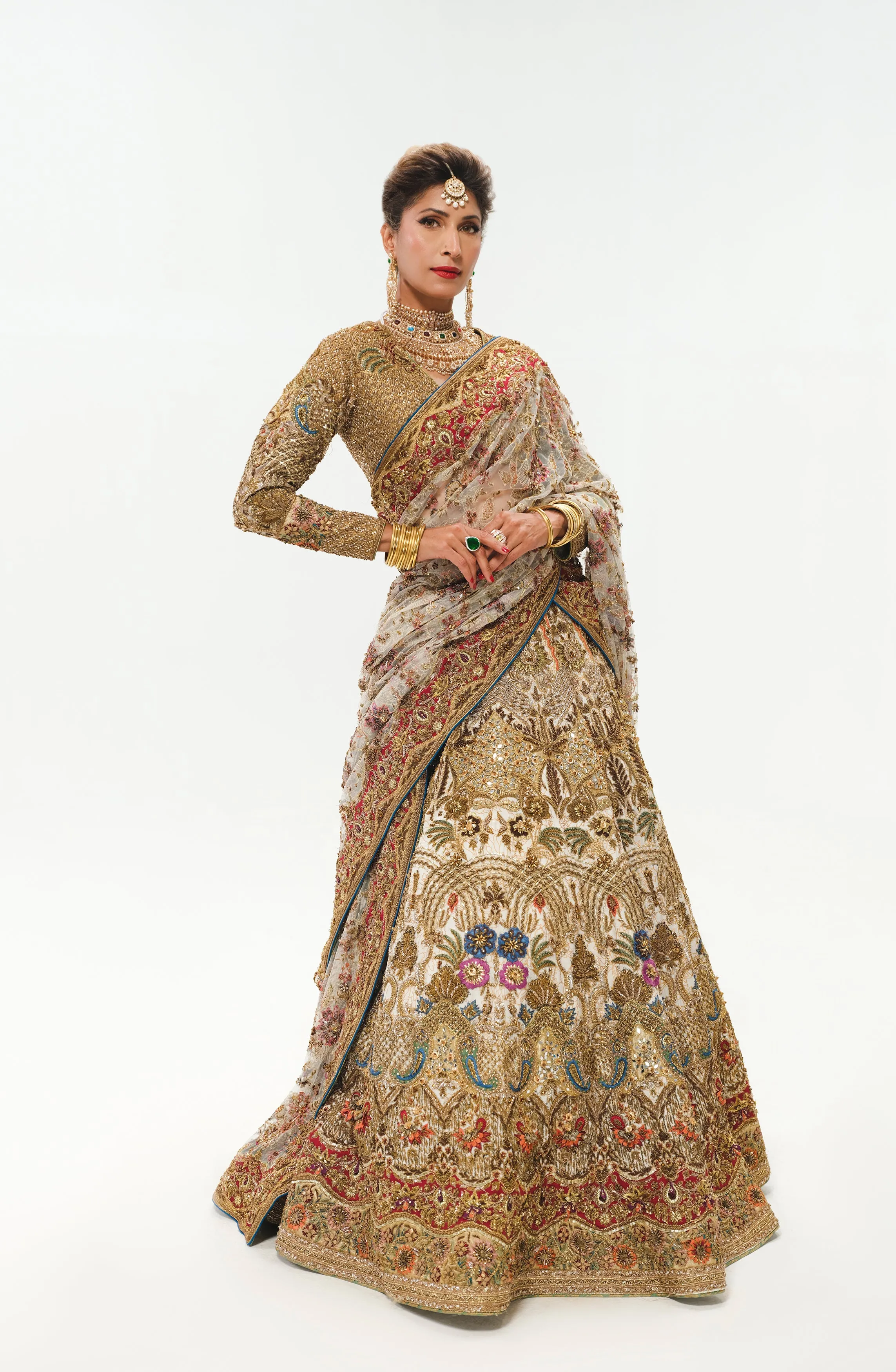 White Bridal Lehenga Choli with Multicolor Sucha Taanka & Zardozi Work