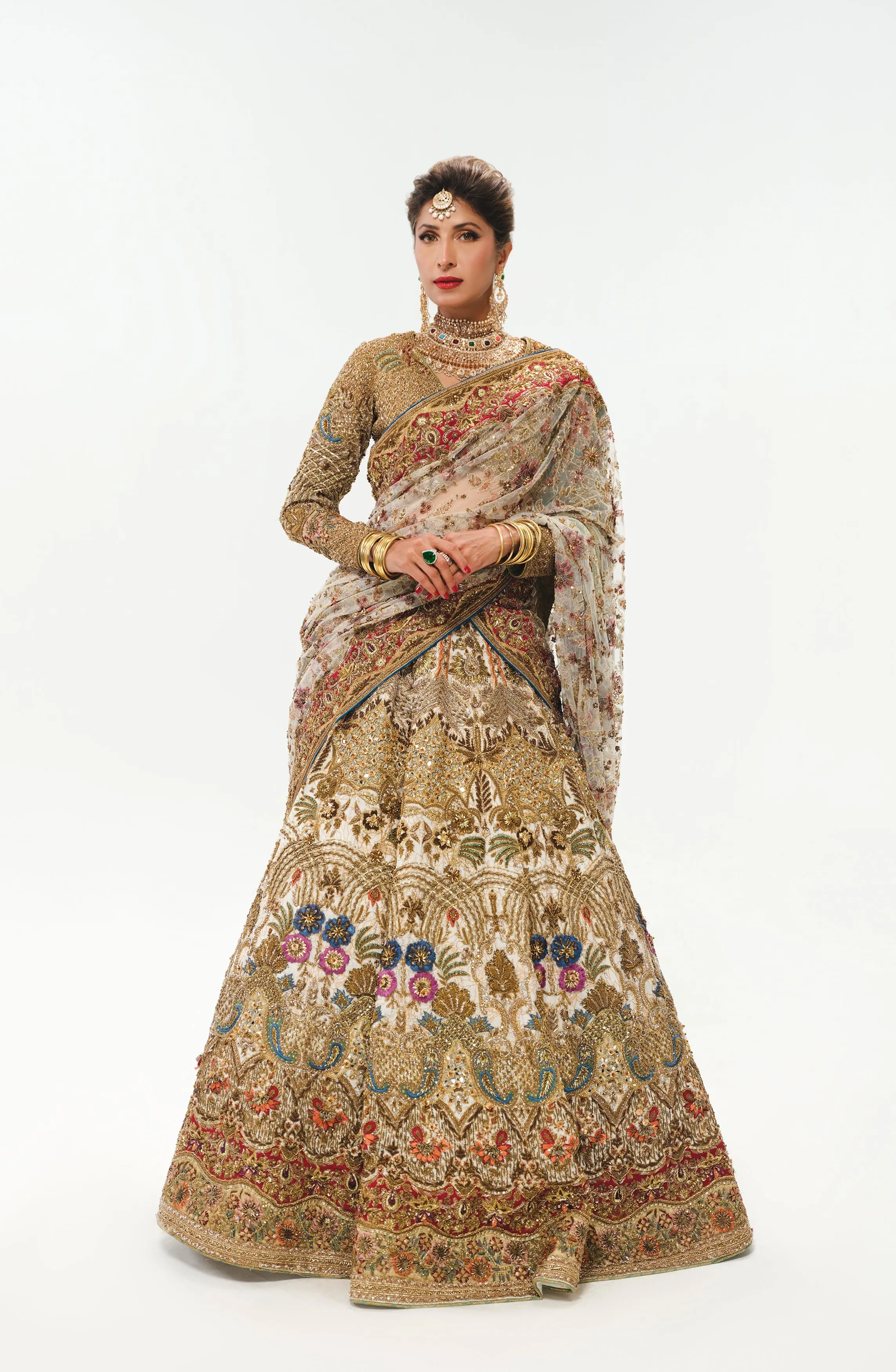 White Bridal Lehenga Choli with Multicolor Sucha Taanka & Zardozi Work