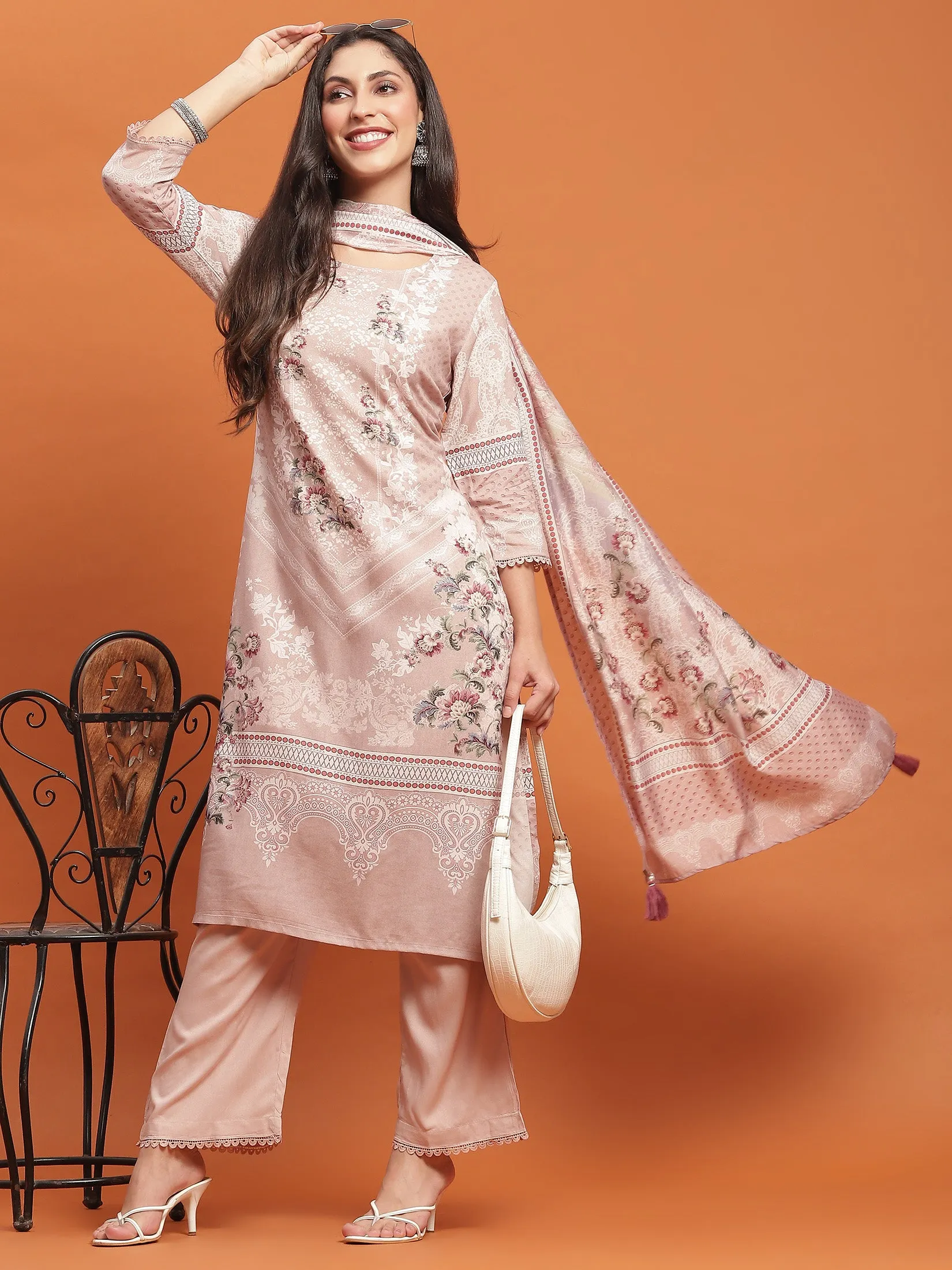 Women Beige Floral Print Kurta Comfort Pant Dupatta