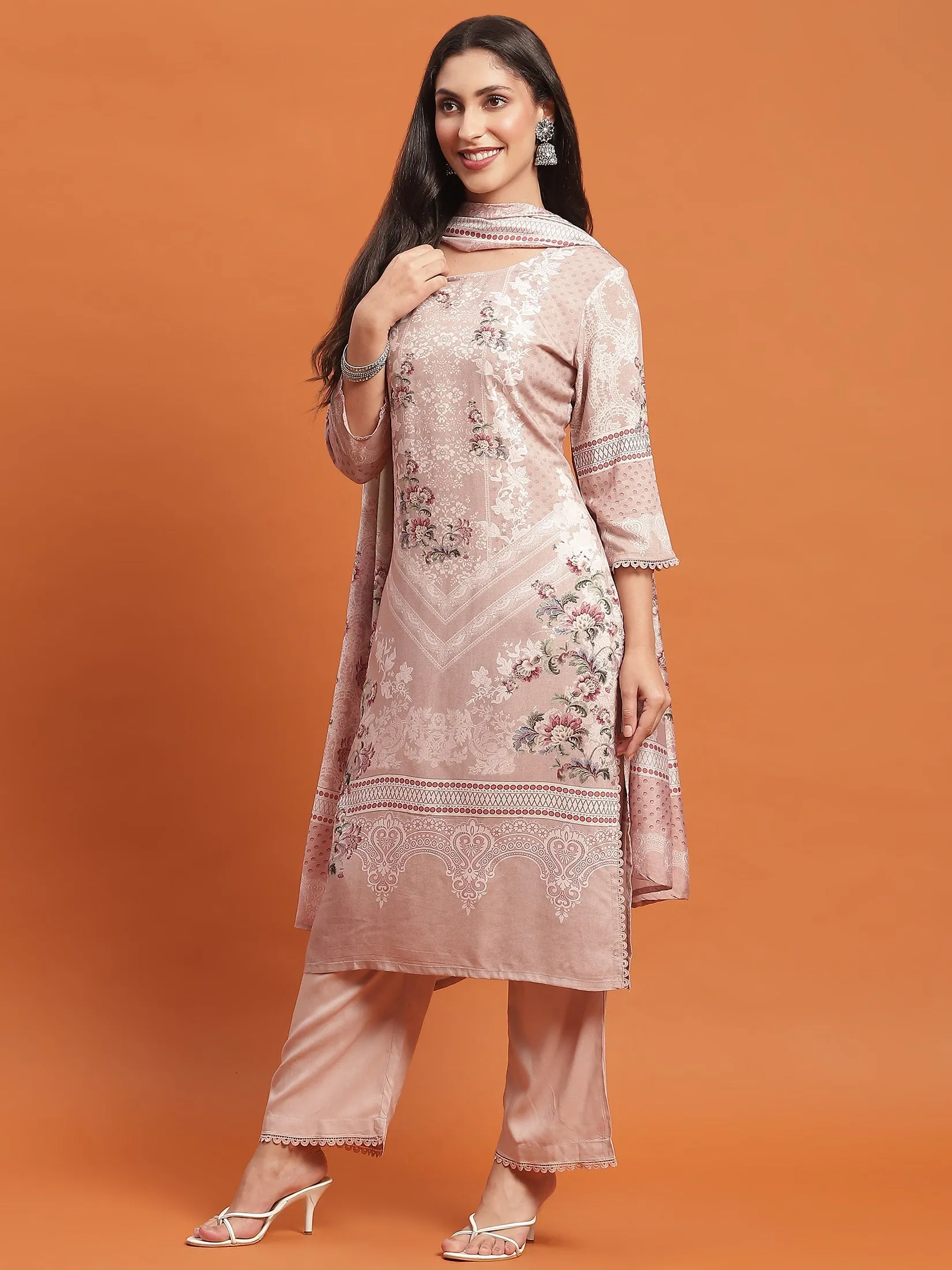 Women Beige Floral Print Kurta Comfort Pant Dupatta