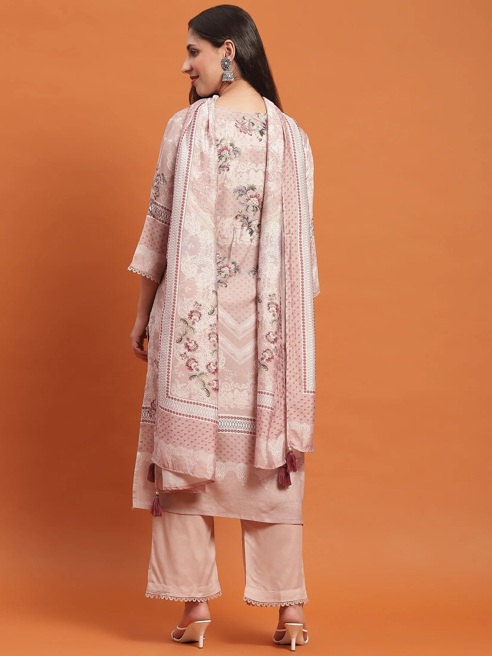 Women Beige Floral Print Kurta Comfort Pant Dupatta