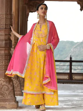 Yellow Cotton Embroidered Kurta Palazzo Set