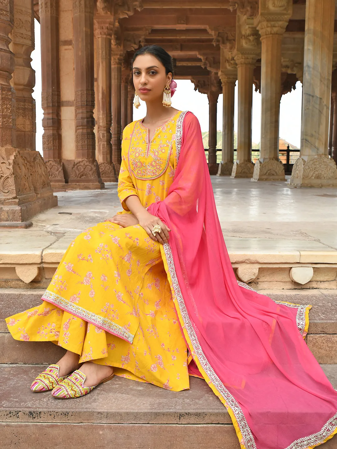 Yellow Cotton Embroidered Kurta Palazzo Set