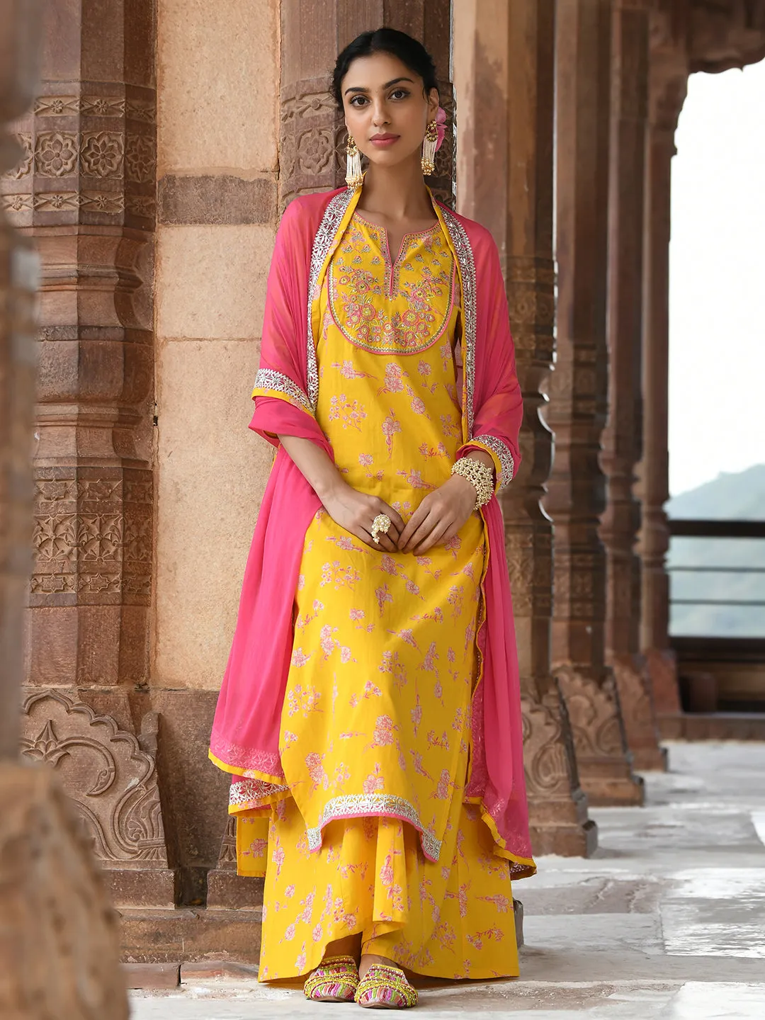 Yellow Cotton Embroidered Kurta Palazzo Set