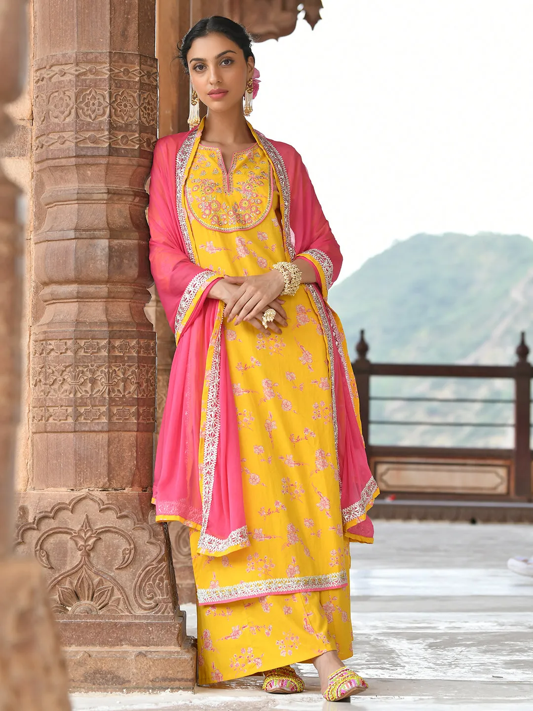 Yellow Cotton Embroidered Kurta Palazzo Set