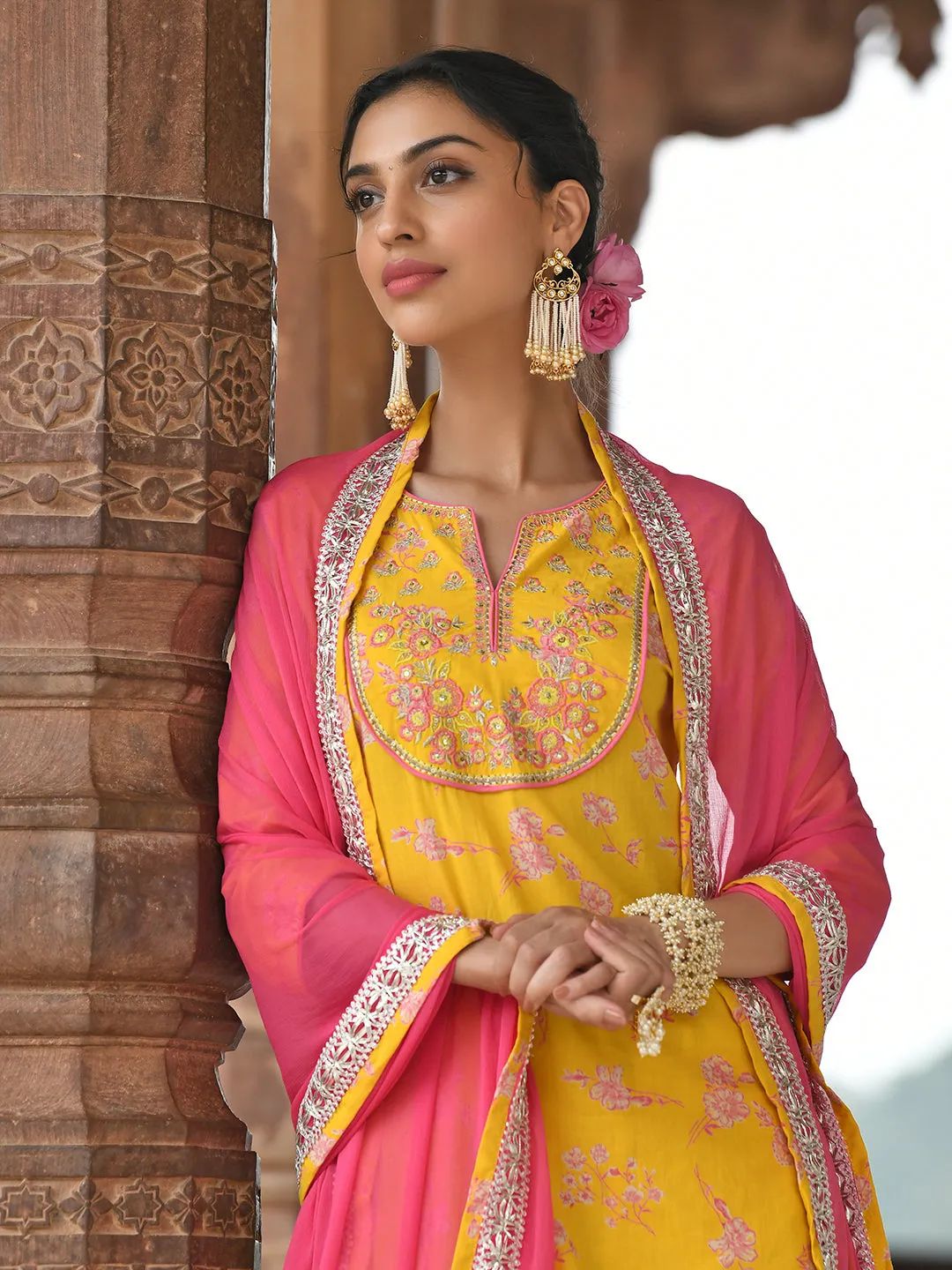 Yellow Cotton Embroidered Kurta Palazzo Set